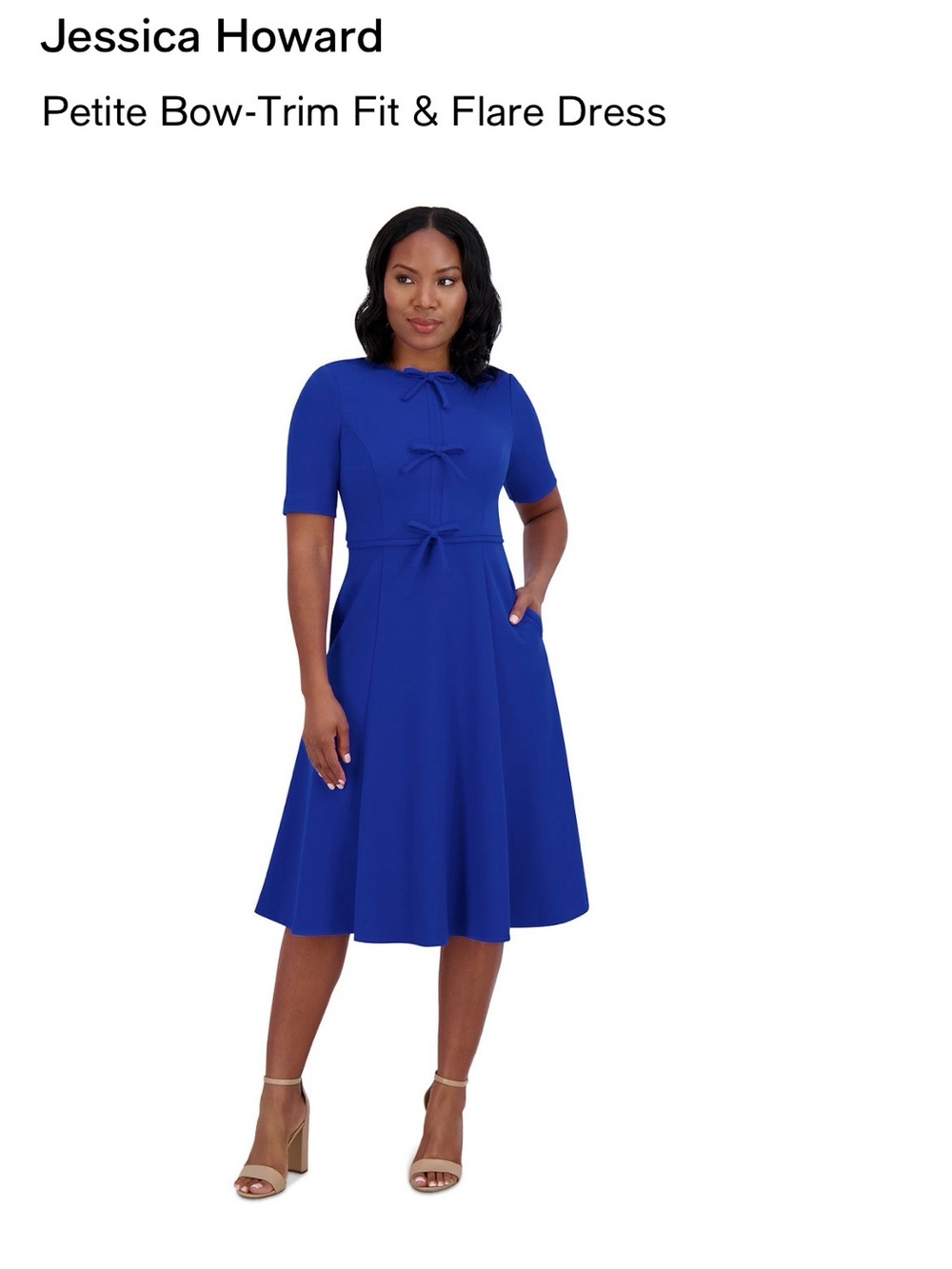 Jessica Howard Royal Blue Petite Fit & Flare Dress with Bow Trim